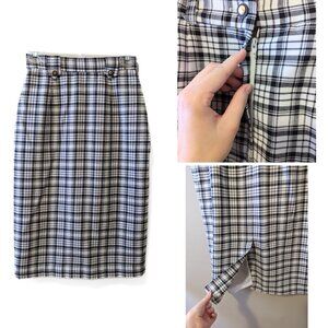 Vintage 90s Plaid Midi Skirt Black White Button Preppy Retro Secretary Size S